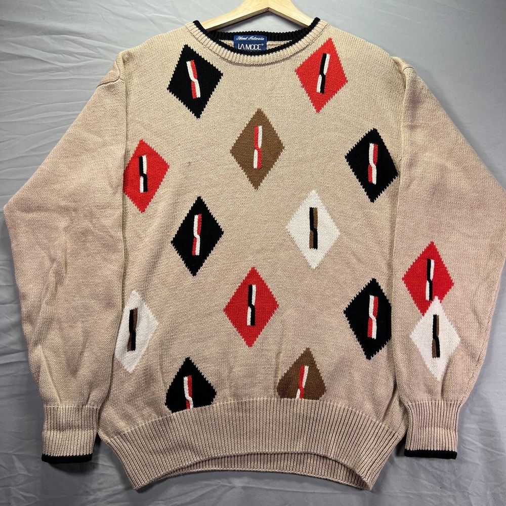 Vintage Grandpa Sweater Men Medium Cotton Knit Cottage Geometric Country La Mode